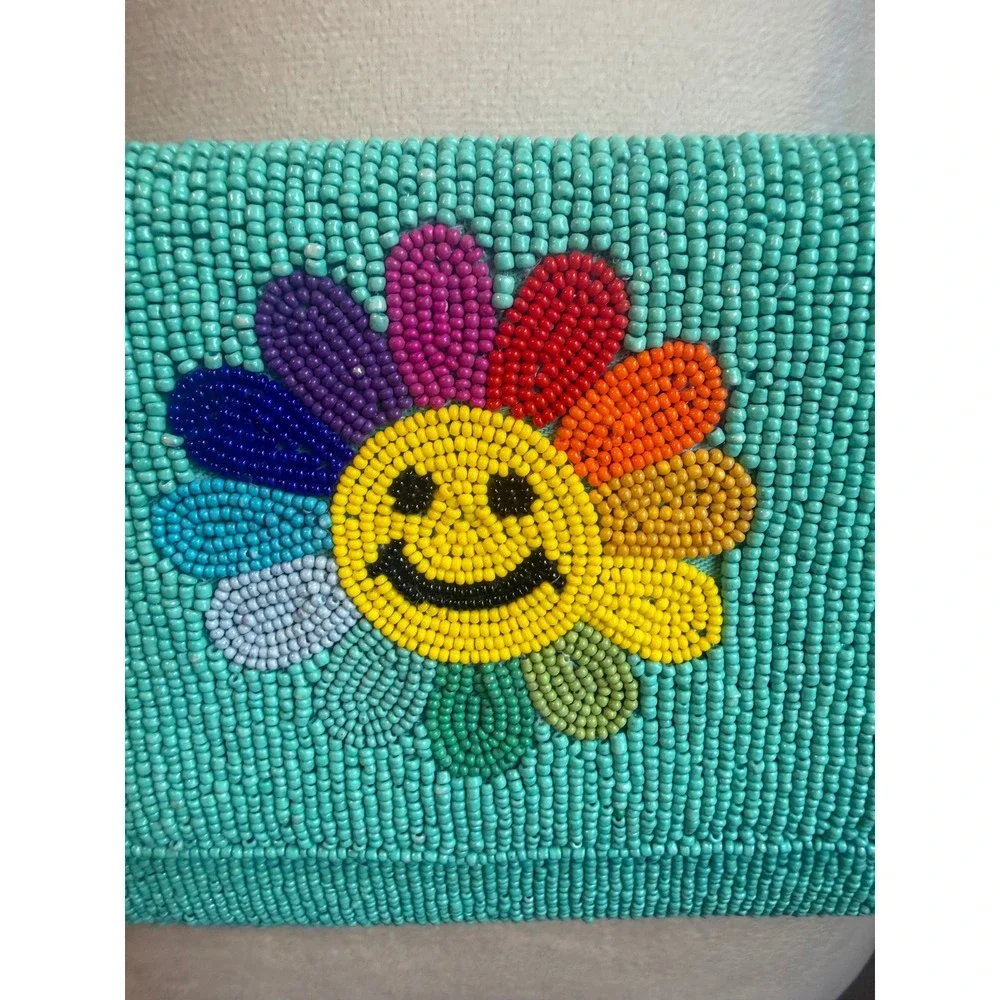 Turquoise Beaded Rainbow Smiley Flower Crossbody Clutch Bag whimsi boho Y2K colo
